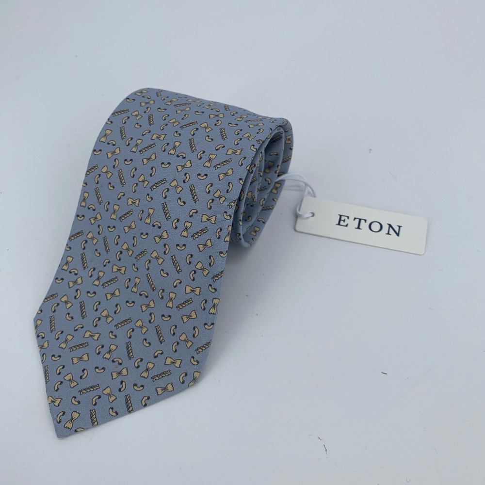 Eton Mens Pasta Print Silk Tie Blue Classic Fit Made in Italy NWT One Size